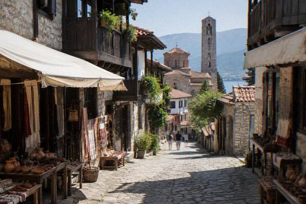 Group of walkers following a guide through an Old Town lane