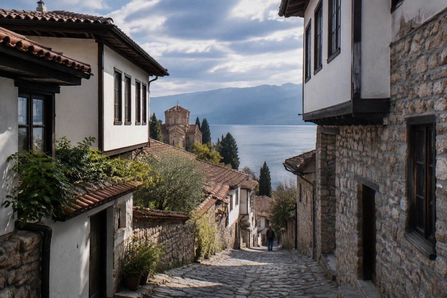 A narrow stone-paved lane between old whitewashed houses with red tile roofs and a glimpse of a lake at the end in soft morning light