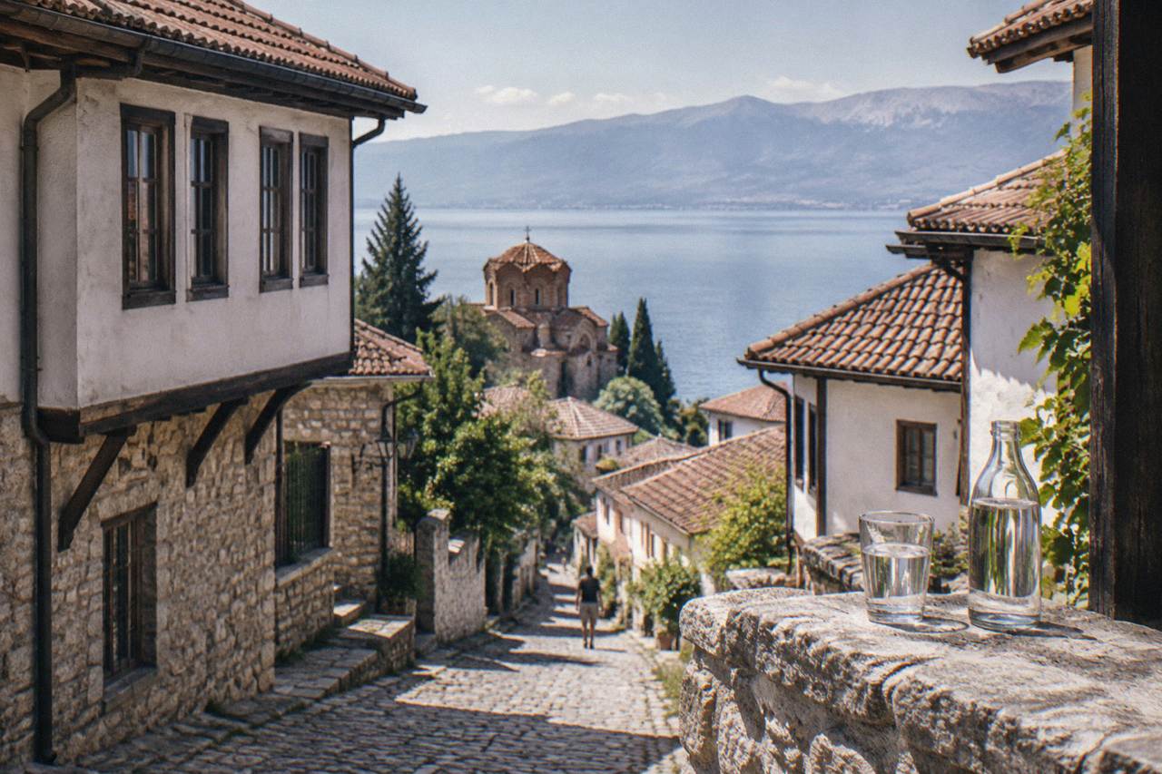 A glass of water and a bottle standing on a stone terrace above Lake Ohrid