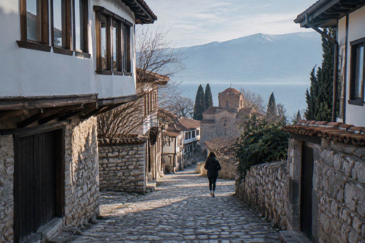 The lakeside old town of Ohrid rising above Lake Ohrid in the morning