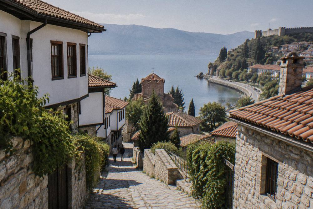 A road winding along a lakeshore toward a hillside town with a fortress wall above it
