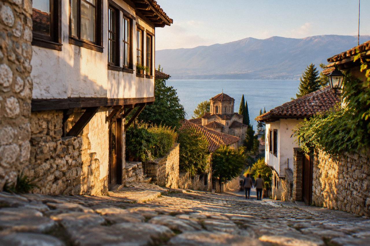 Clear blue water of Lake Ohrid seen from the old town shore with hills rising on the far side