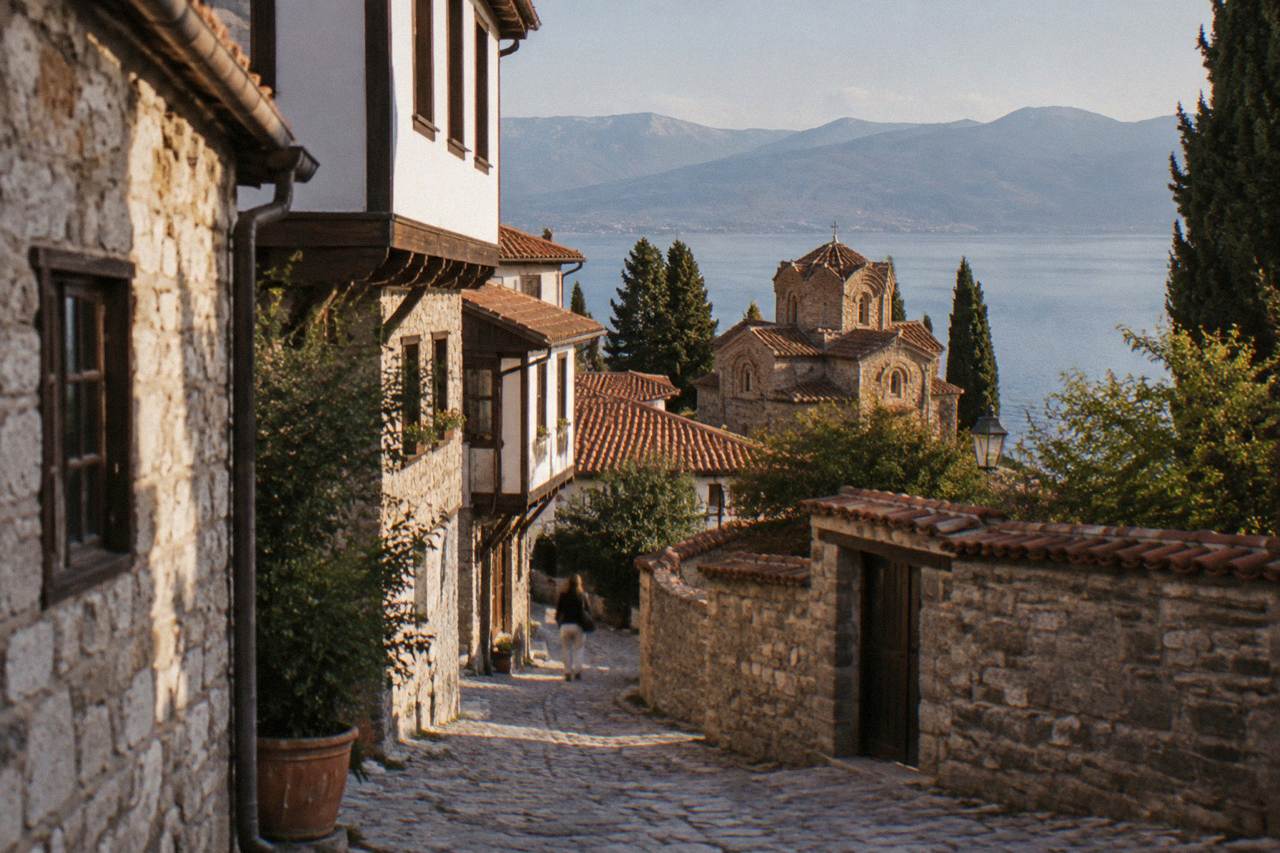 A stone monastery church beside Lake Ohrid with wooded hills rising behind it