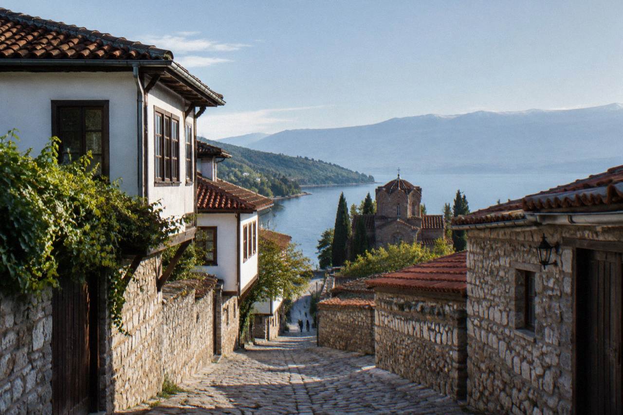 A road winding along the shore of Lake Ohrid toward green hills on the horizon
