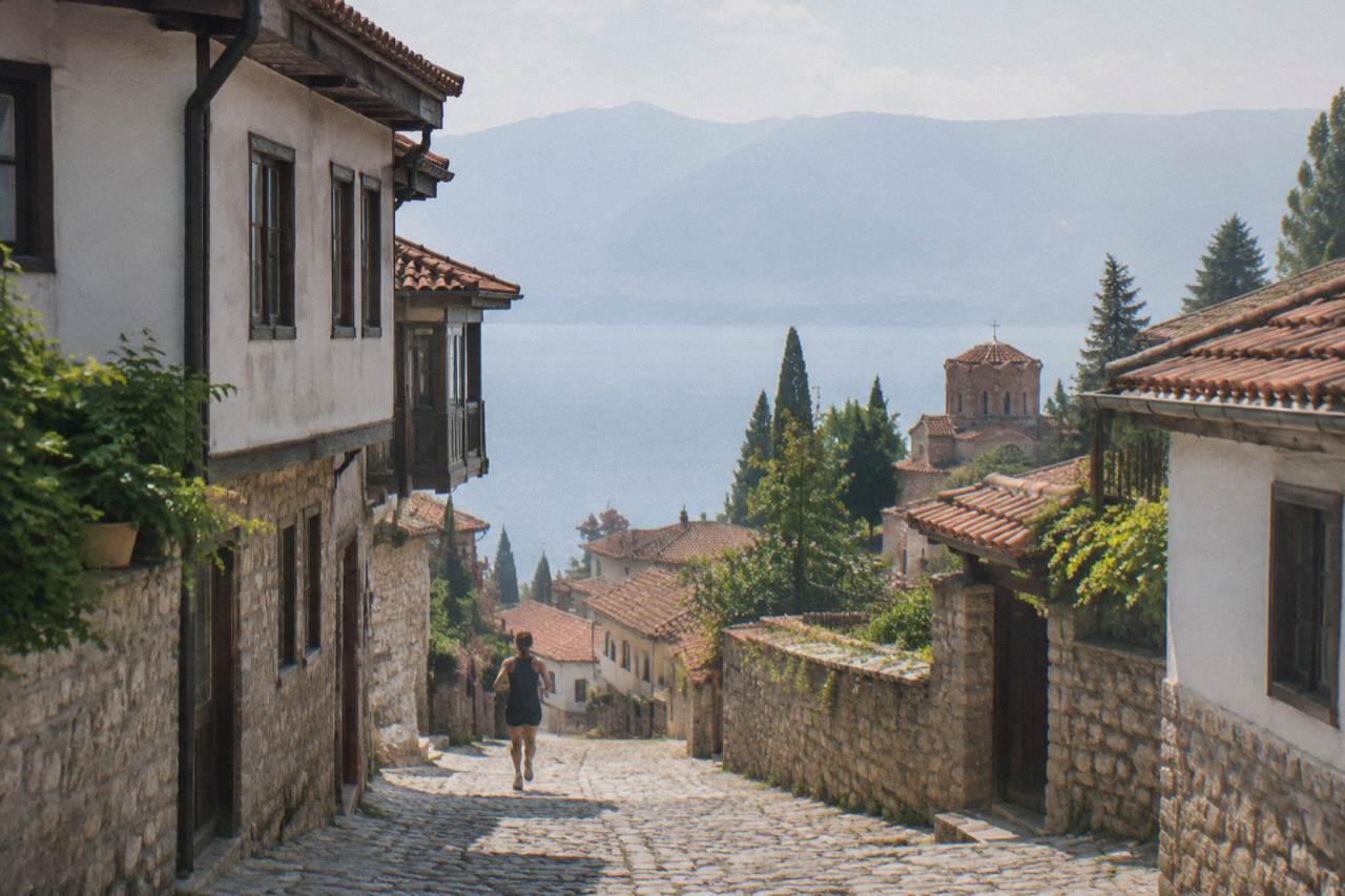 Red-roofed old town houses of Ohrid rising above the blue water of Lake Ohrid