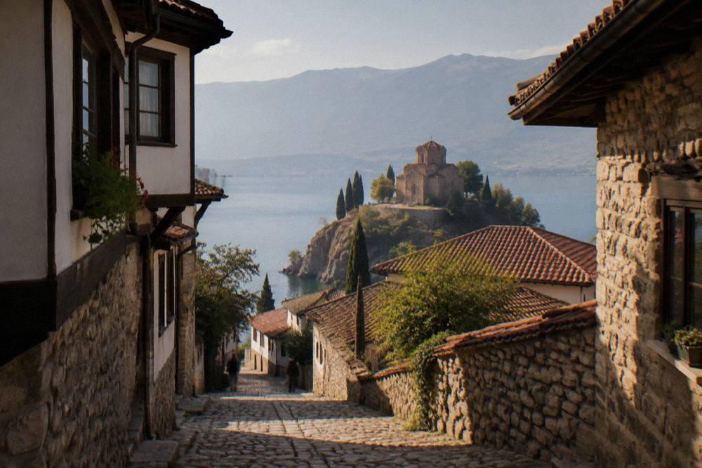 Stone church on a rocky promontory above Lake Ohrid seen from the water