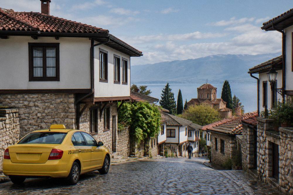 A taxi waiting on a street beside the stone houses of Ohrid old town