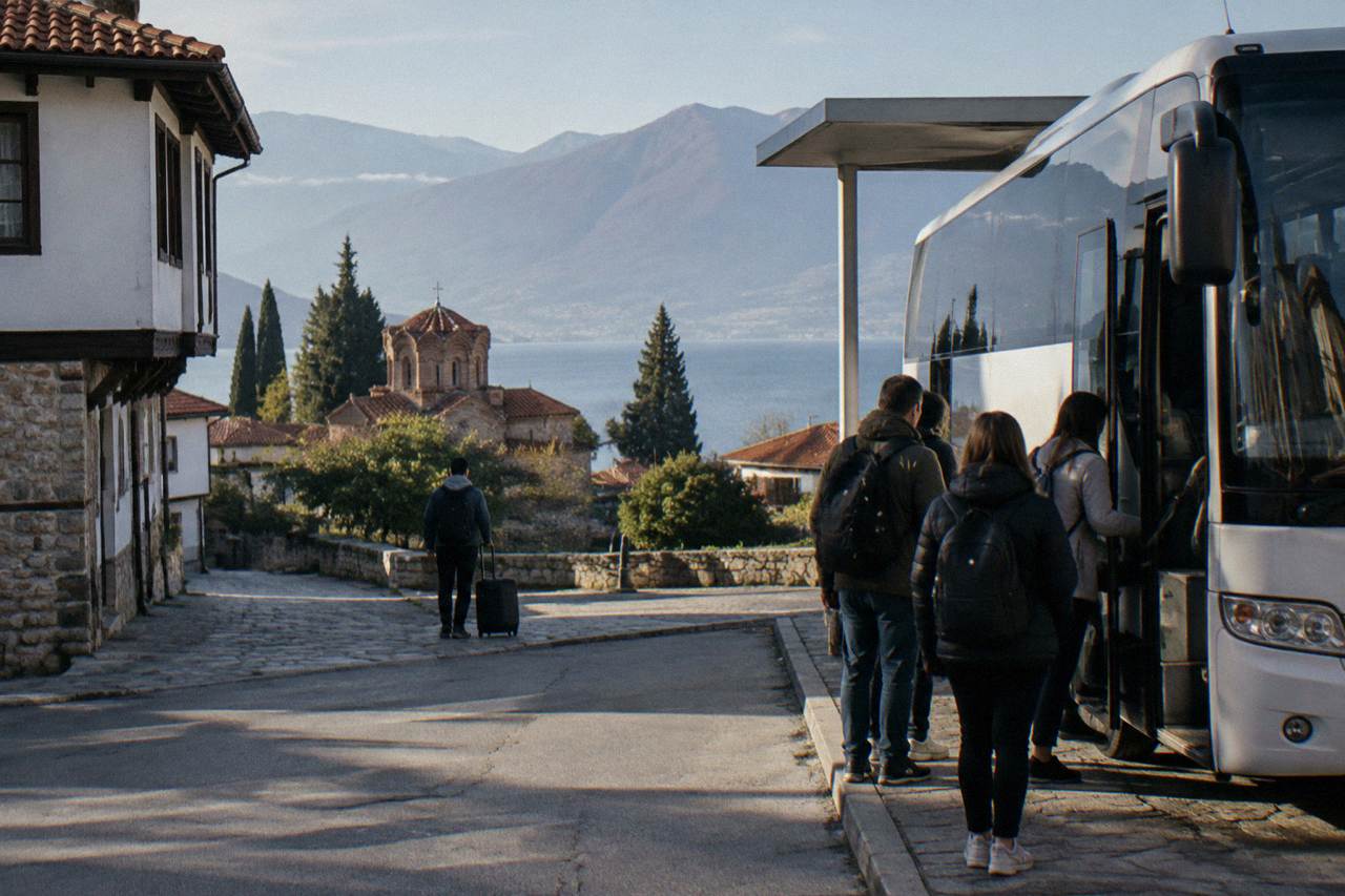An intercity bus parked at a station terminal with passengers boarding