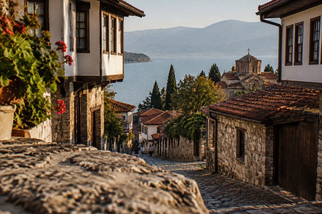 The old town of Ohrid seen from the lake, with stone houses and church domes above the shoreline.