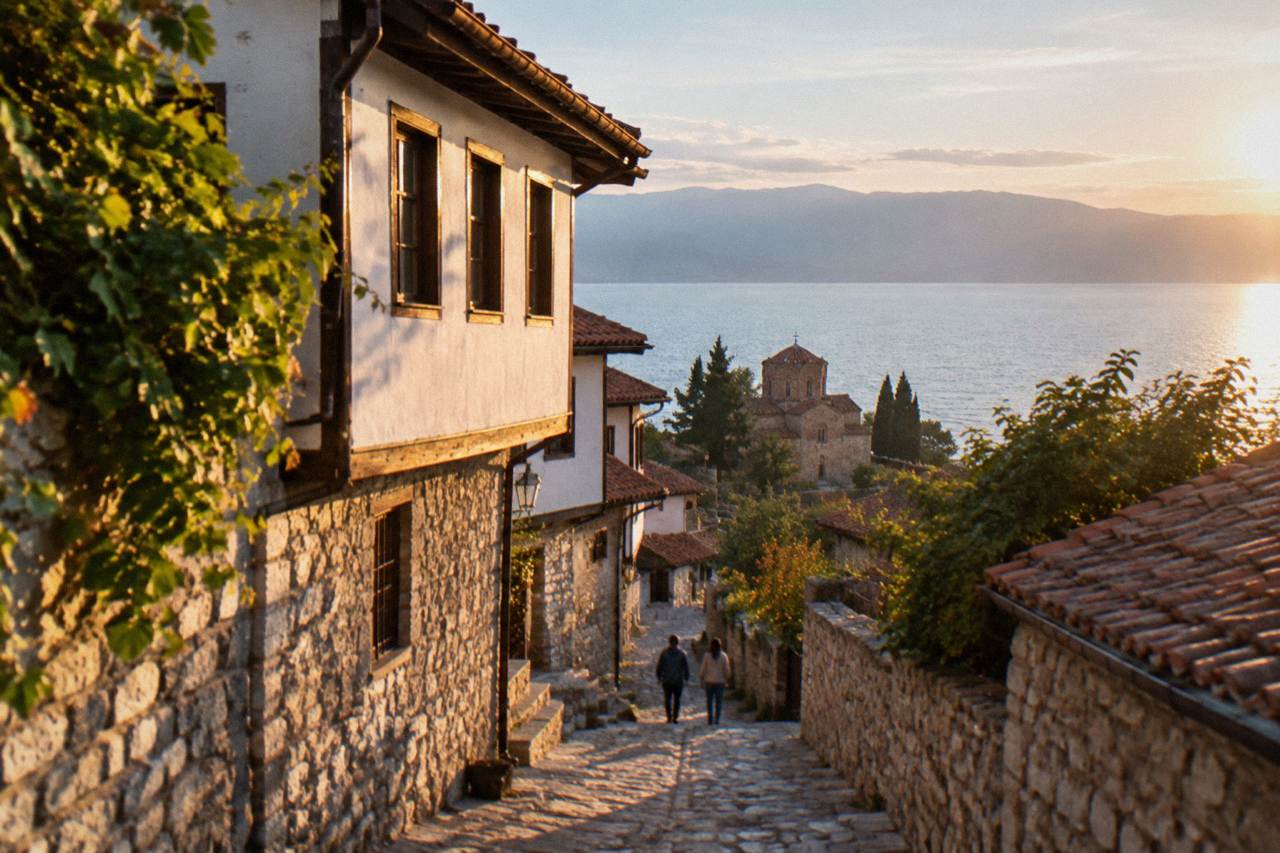 Ohrid old town rooftops rising above the shore of Lake Ohrid