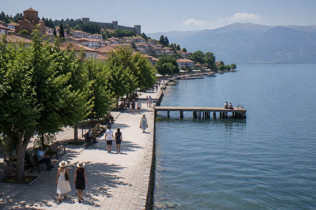 Ohrid's old town rooftops above a lake promenade busy with summer visitors