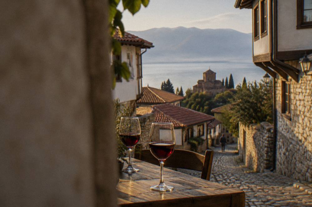 Two glasses of Macedonian red wine on a wooden table beside the shore of Lake Ohrid