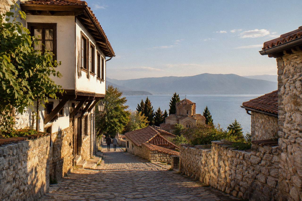 Stone lanes and old church walls above the lakeshore in Ohrid's old town