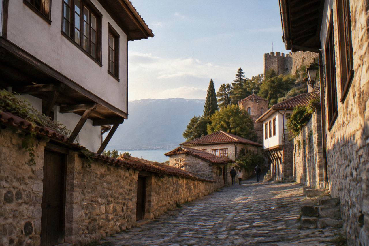 Stone lane climbing between old houses in Ohrid's old town toward the fortress walls