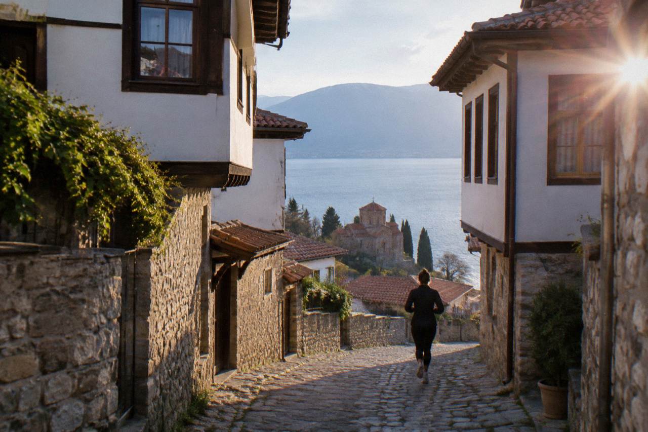 A lakeside monastery complex on the southern shore of Lake Ohrid with a stone church and cypress trees
