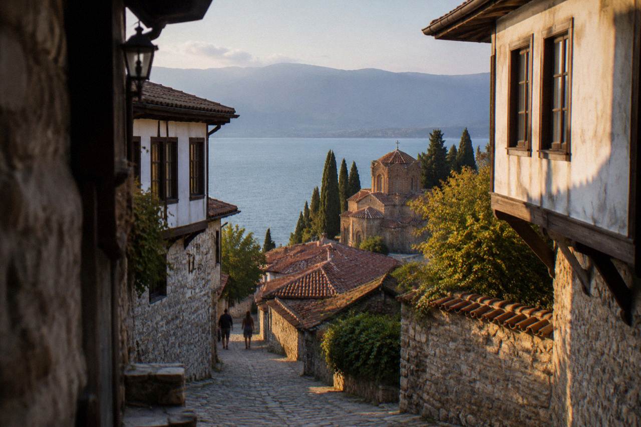 Clear water along the rocky shoreline of Lake Ohrid near the old town