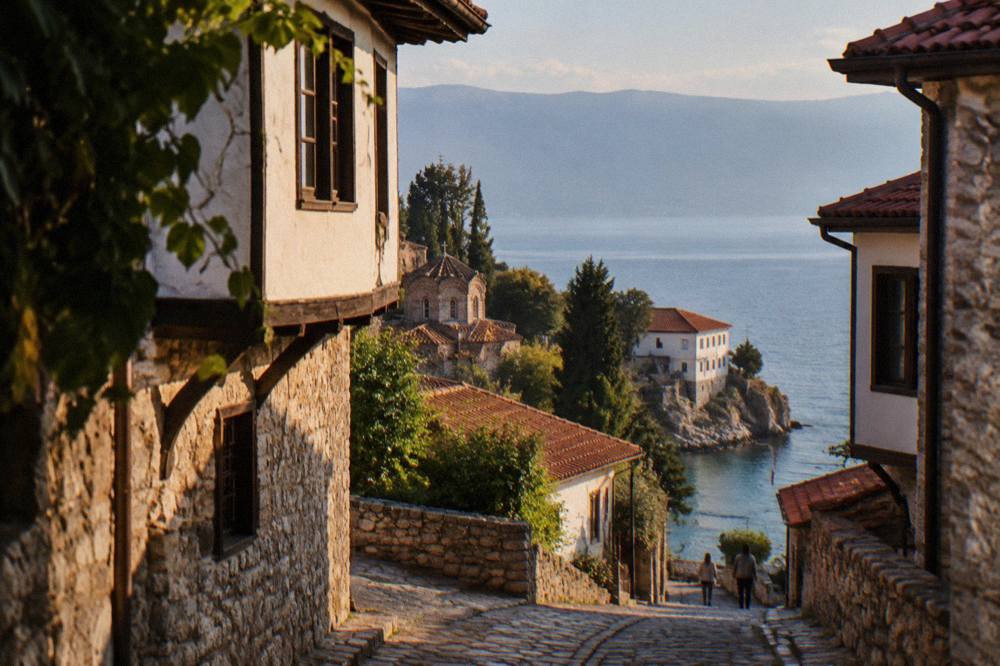 A white monastery building with a red roof above a rocky shoreline of clear turquoise water