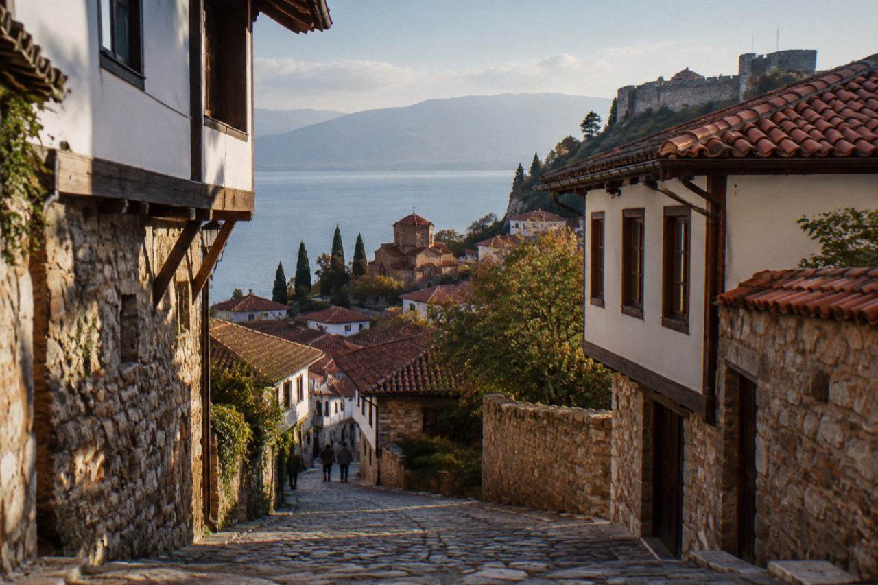 Ohrid old town rooftops rising from the shore of Lake Ohrid toward a hilltop fortress