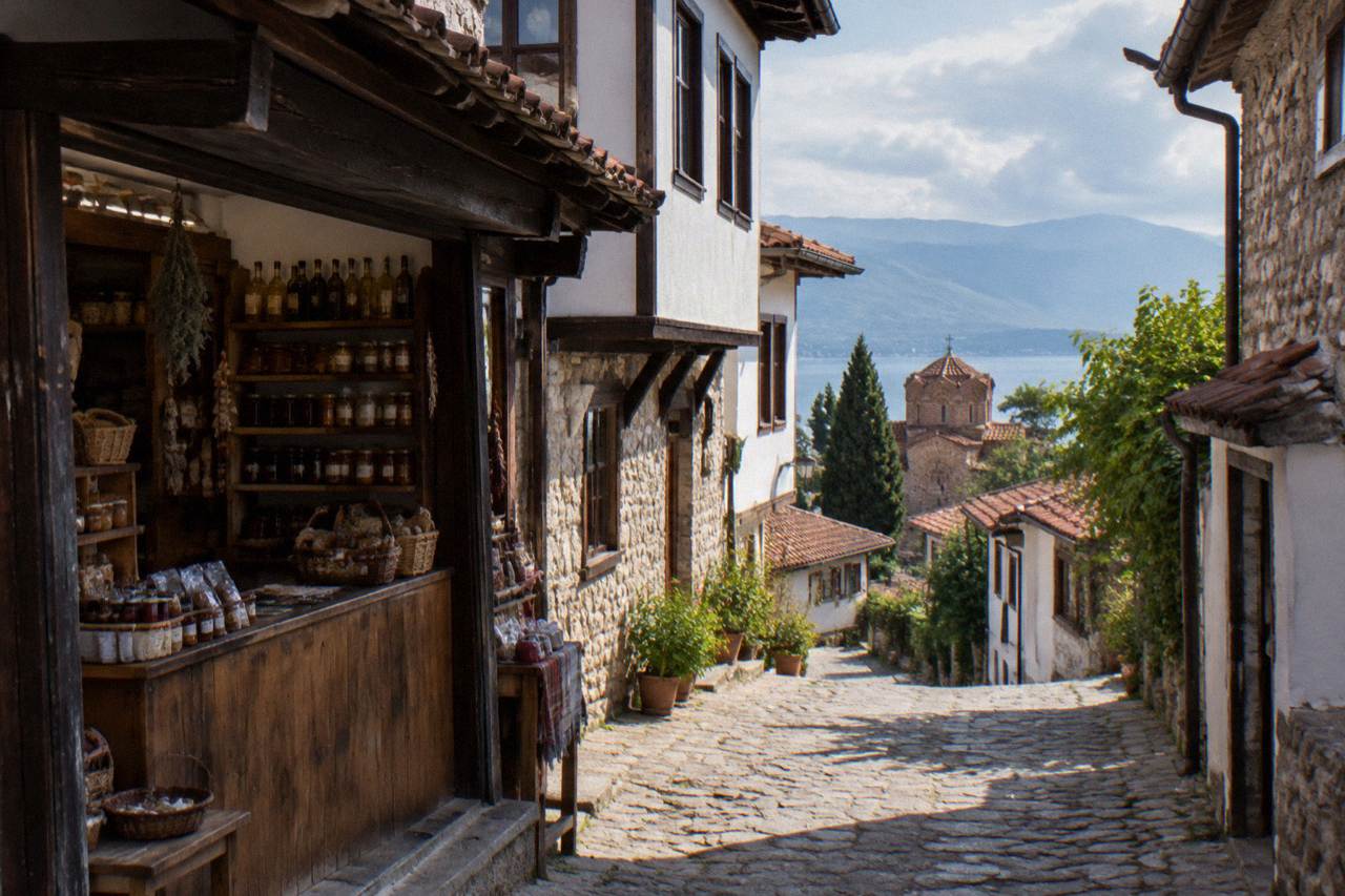 A shopfront in Ohrid's old town with a wooden counter and shelves of local goods