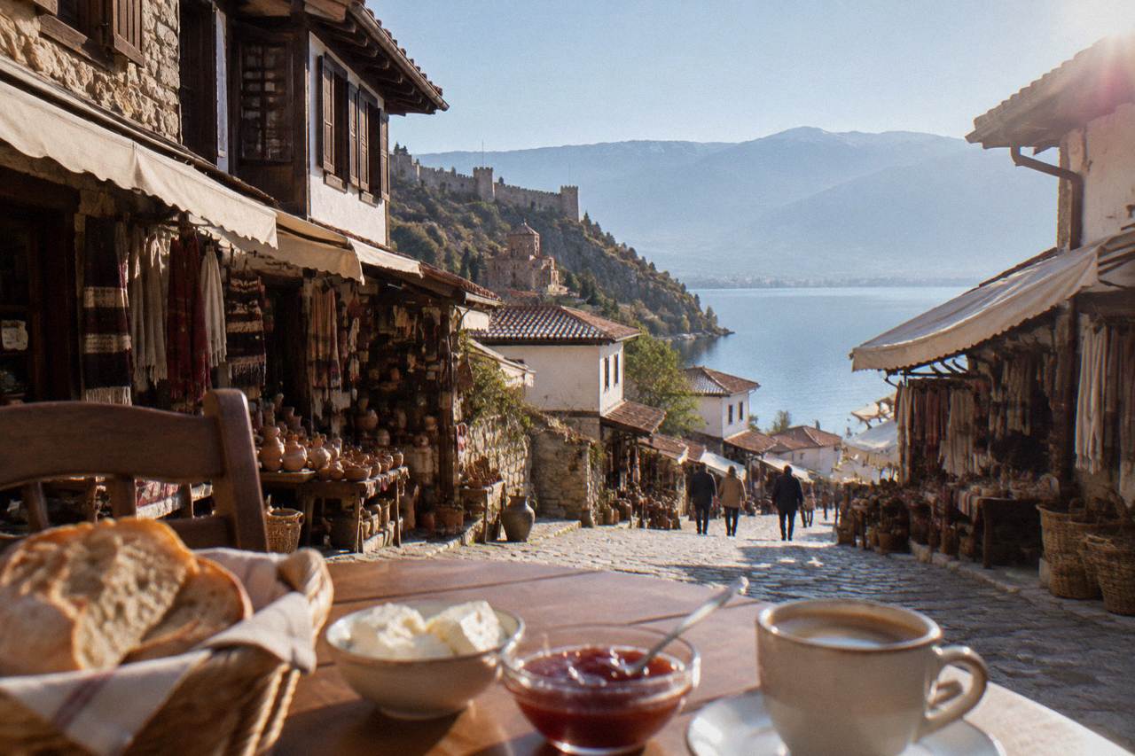 A morning table with bread, white cheese, jam and coffee beside a lake view