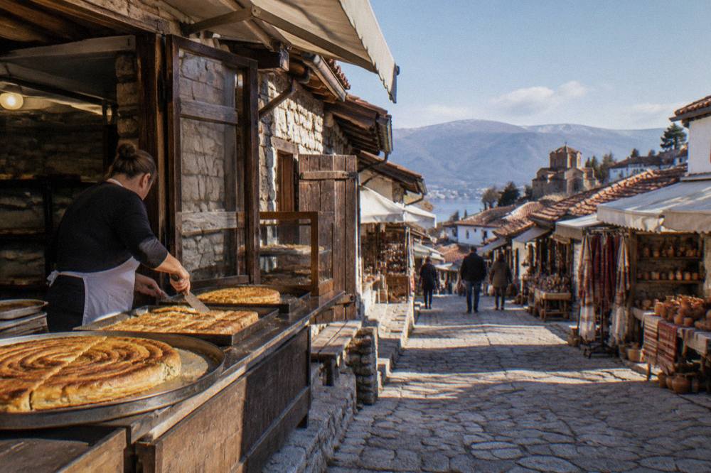 Freshly baked burek pastry being cut into portions at a bakery counter