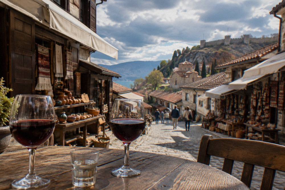Glasses of red Macedonian wine and a small rakija glass on a wooden table