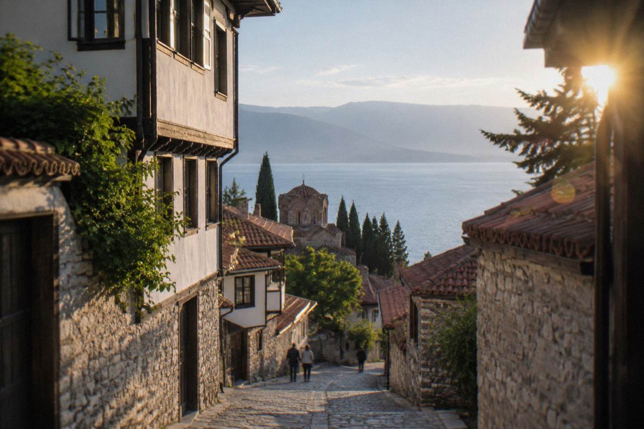 Stone houses climbing a hillside above the shoreline of Lake Ohrid