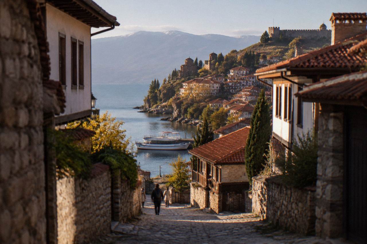 A passenger boat moored at Ohrid port on Lake Ohrid with the old town rising behind it