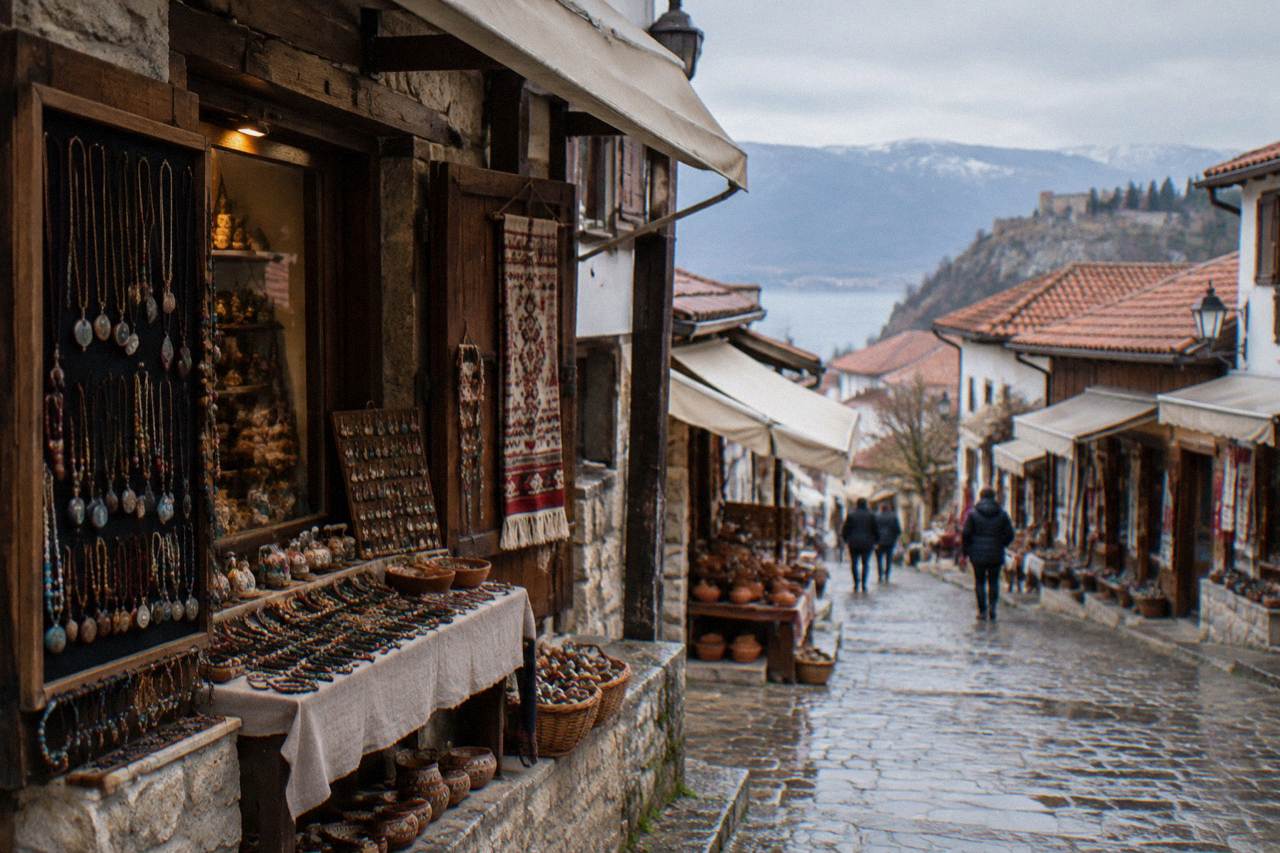A small shopfront in Ohrid's Old Bazaar displaying handcrafted jewellery and souvenirs along a stone lane