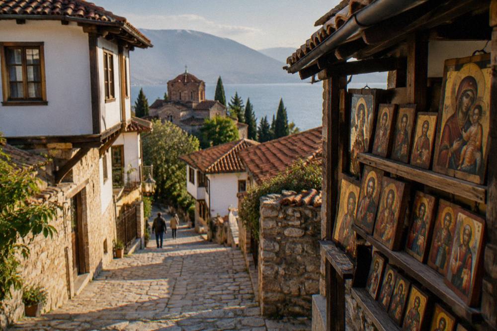 Wooden panels of hand-painted icon reproductions displayed on a shop shelf in Ohrid