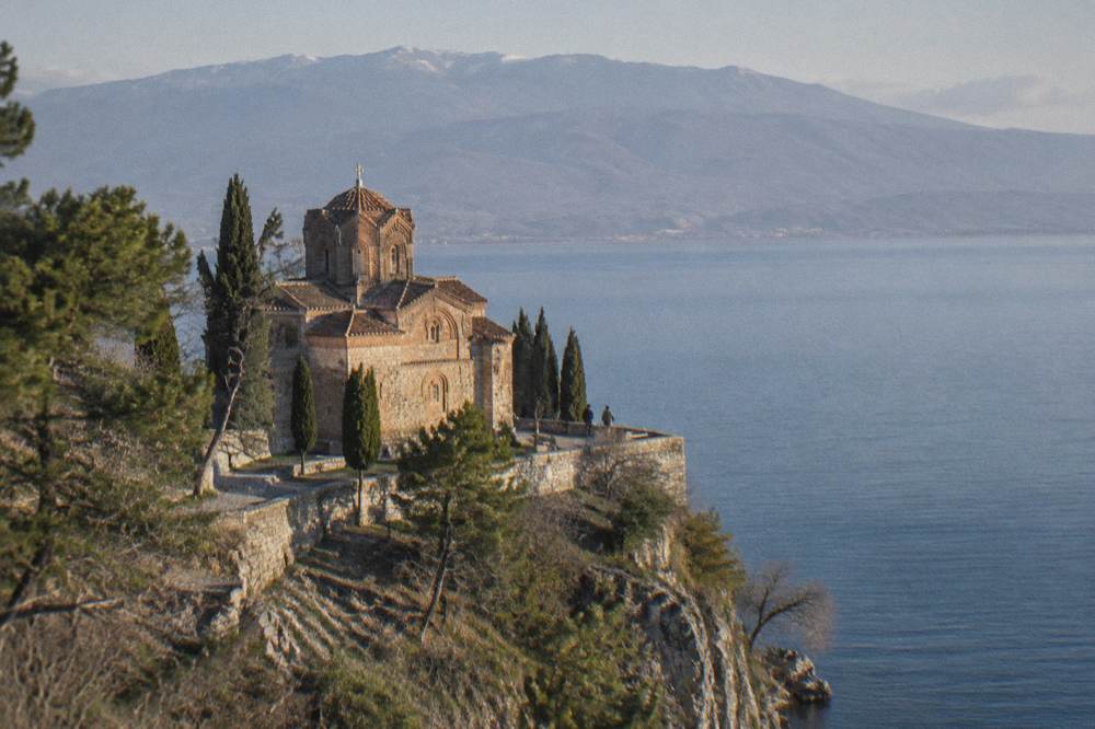 The terrace above the water at the Church of St John at Kaneo with the open Lake Ohrid horizon beyond