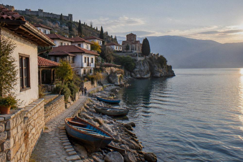 Evening light over the rooftops of the Kaneo district and the water of Lake Ohrid in Ohrid