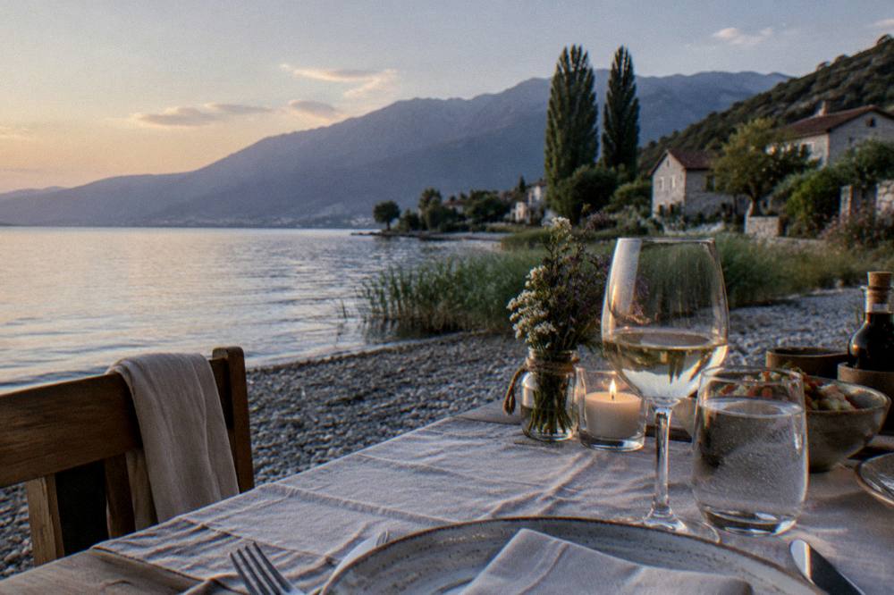 A table set for dinner beside the water at dusk with the lake and hills in the background