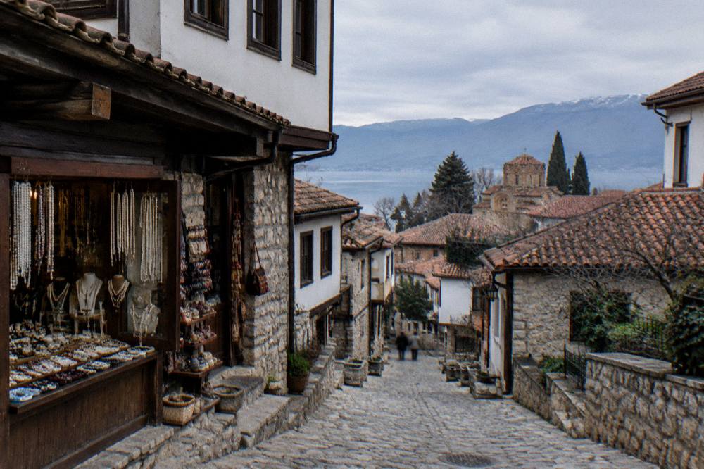 A shopfront in the Ohrid old town displaying handmade crafts and pearls