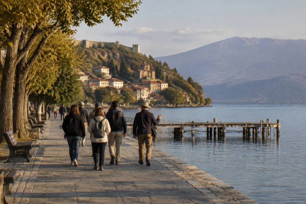 A group of visitors walking with a guide along a lakeside promenade in the afternoon