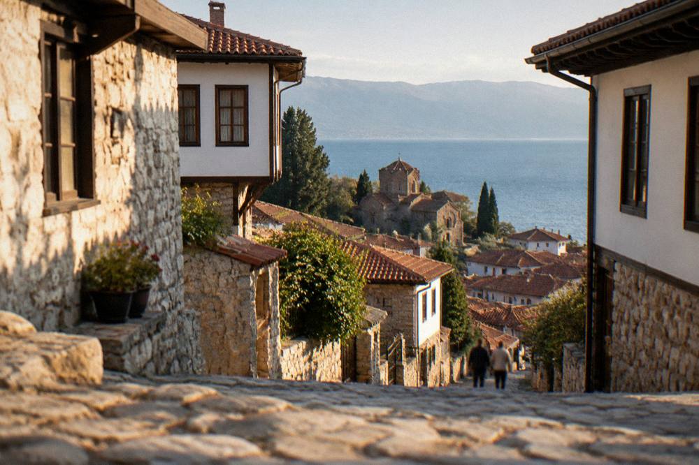 Red-tiled rooftops of Ohrid old town descending towards the blue water of Lake Ohrid