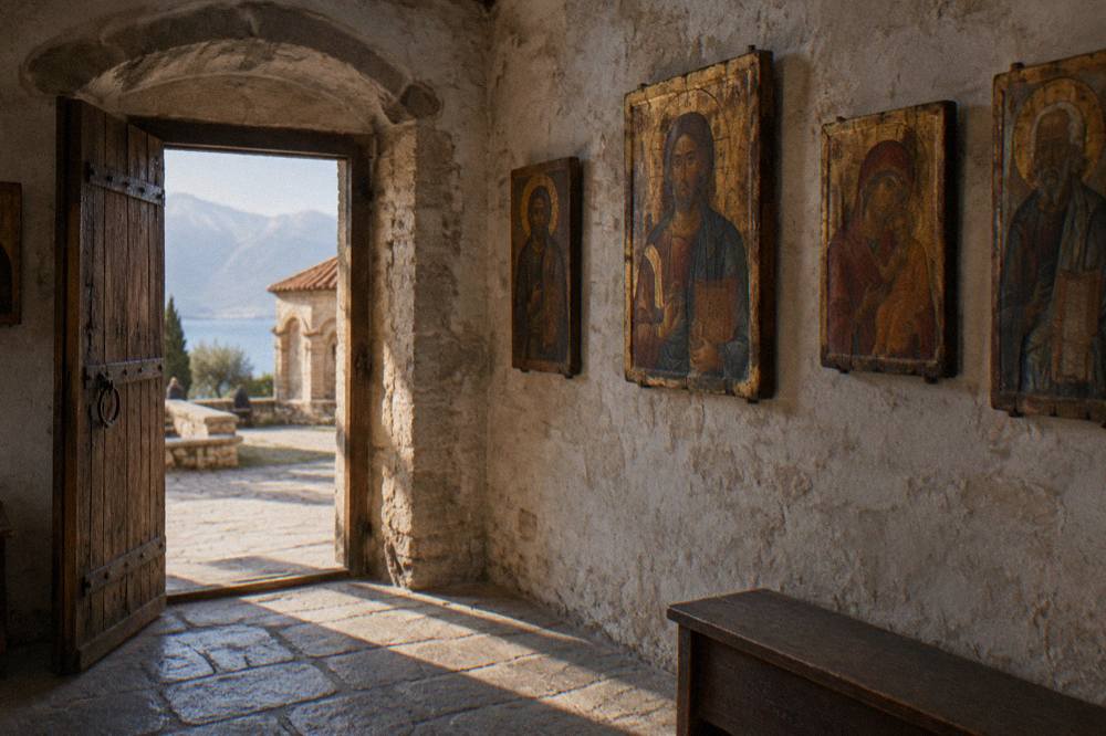 Wooden painted icons arranged on a wall inside a small stone museum gallery