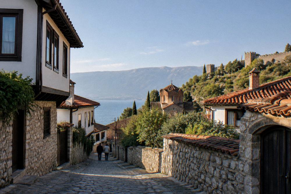 Stone fortification walls on a green hill above the rooftops of Ohrid
