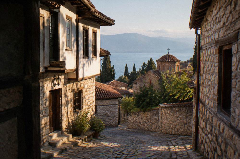 Old stone house museum facade in the Old Town of Ohrid