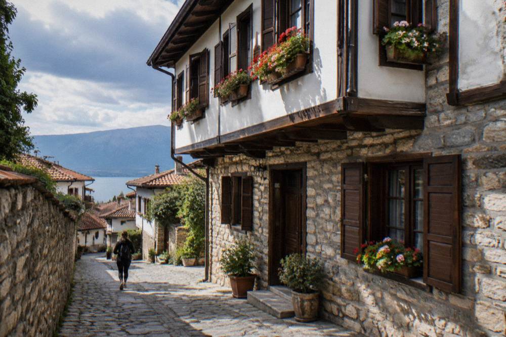 A restored nineteenth century townhouse facade with stone walls and wooden shutters
