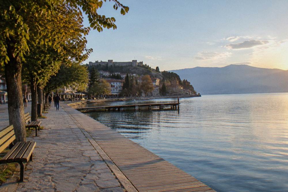 Lakefront boardwalk at dusk in Ohrid