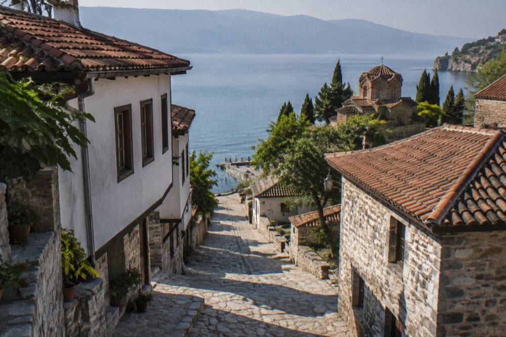 Swimmers at a jetty on Lake Ohrid