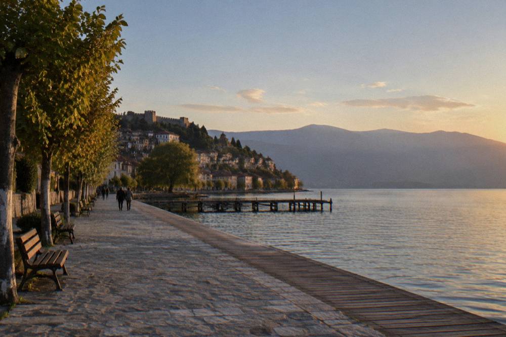 Stone lanes and old houses climbing from the lakefront towards the old town of Ohrid