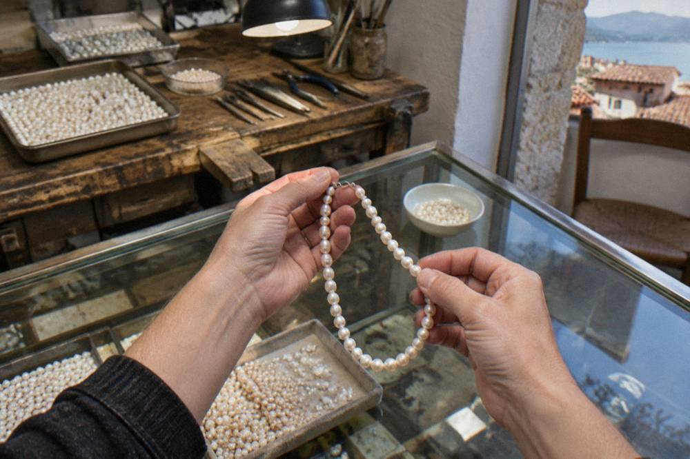 A close view of a pearl necklace held in a jeweller's hands over a glass counter