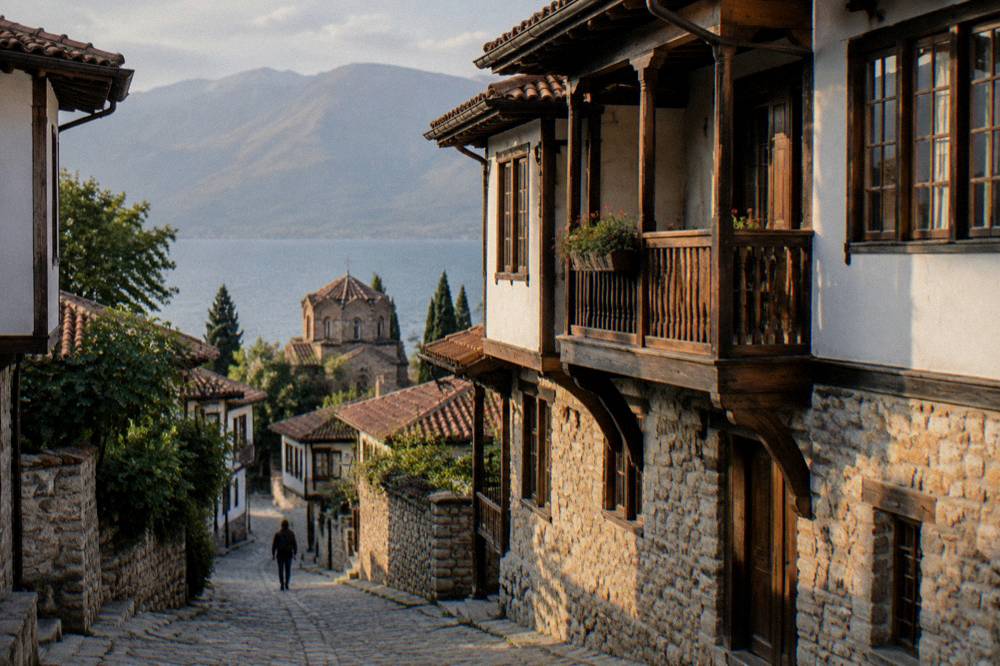 The facade of a restored old merchant house in Ohrid with stone walls and wooden balconies