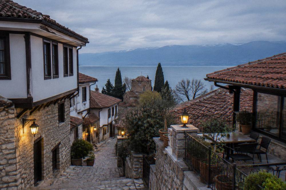 Old Town terrace after dark, Ohrid