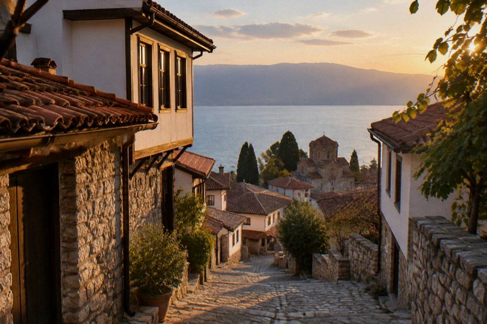 Evening light over the rooftops of Ohrid old town and the lake beyond