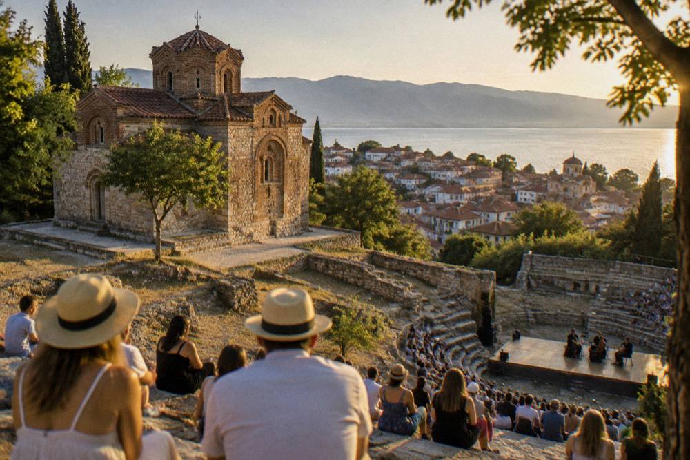 Crowd watching an open-air performance in an ancient stone theatre at dusk