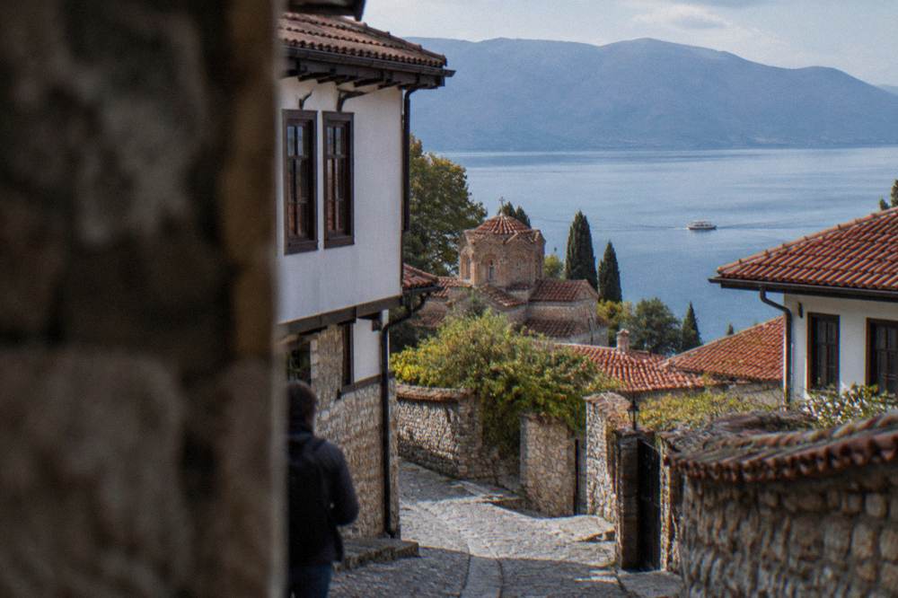 A small boat on Lake Ohrid seen from the heights near the fortress