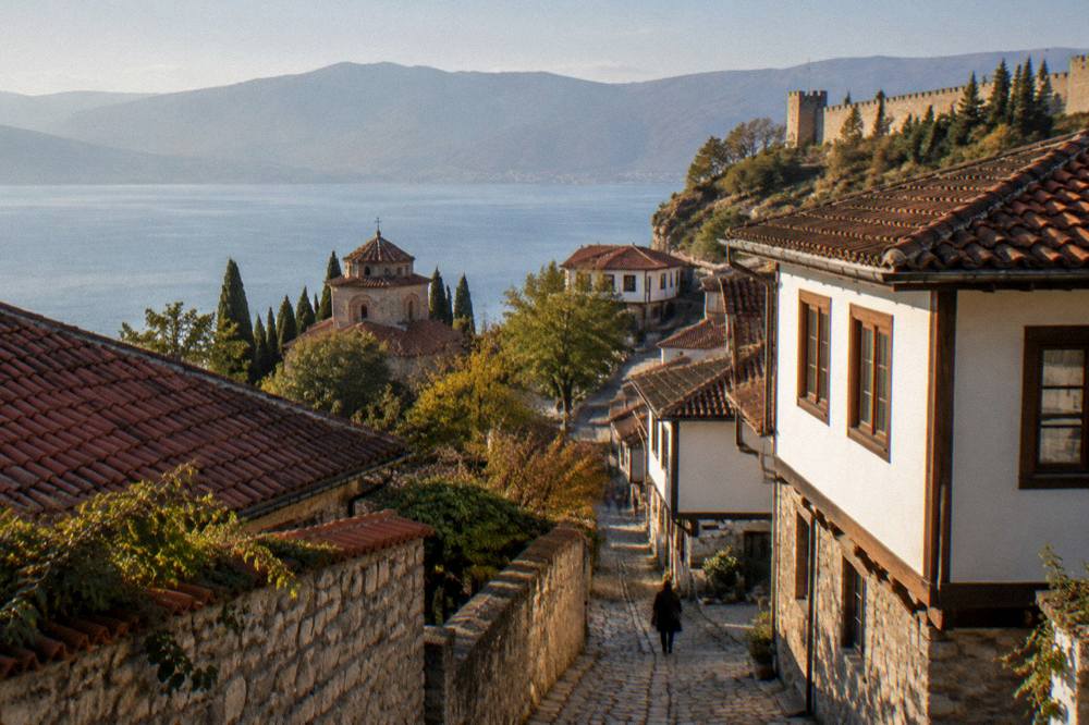 Fortress stone walls glowing in late afternoon light above Lake Ohrid